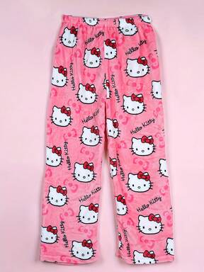  1 stuk gelicentieerd door Sanrio schattige Hello Kitty zachte pluche cartoon pyjamabroek, middeldikke dames pyjamabroek, (vanwege maatverschillen tussen landen, raadpleeg de maattabel en koop een geschikte grotere maat) Zwarte pluche warme casual thuis, geschikt voor lente, herfst en winter