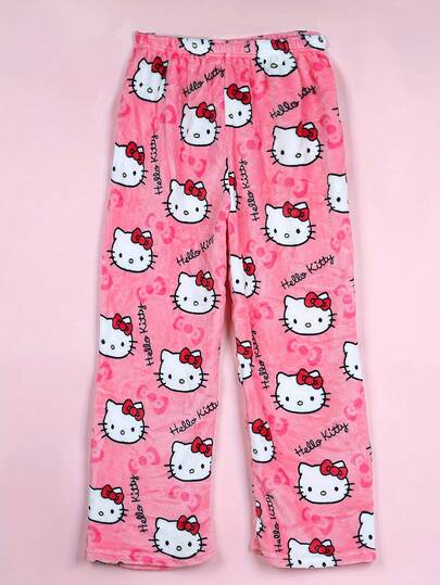 1 st. licensierad av Sanrio. Söta Hello Kitty mjuka plysch-pyjamasbyxor med tecknad figur, medeltjocka pyjamasbyxor för kvinnor. (På grund av storleksskillnader mellan länder, se storlekstabellen och köp en lämplig större storlek). Svarta plyschiga varma, avslappnade hembyxor. Lämpliga för vår, höst och vinter.