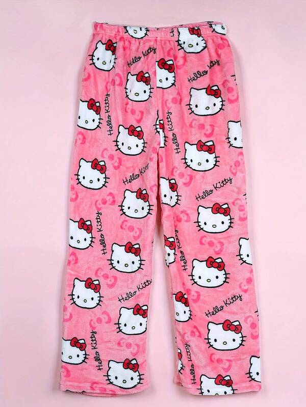 Sanrio 1 pezzo Pantaloni pigiama in morbido pile con stampa Hello Kitty, licenza Sanrio, di media pesantezza, adatti per donna. (A causa delle differenze di taglia tra i paesi, fare riferimento alla tabella delle taglie e acquistare una taglia leggermente più grande) Pile nero, caldo e casual, adatto per primavera e autunno