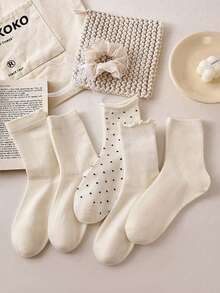 4 Pares de Meias Cano Médio Femininas, Bolinhas Fofas e Babados, Meias Confortáveis para Uso Casual Diário e Passeios, Todas as Estações