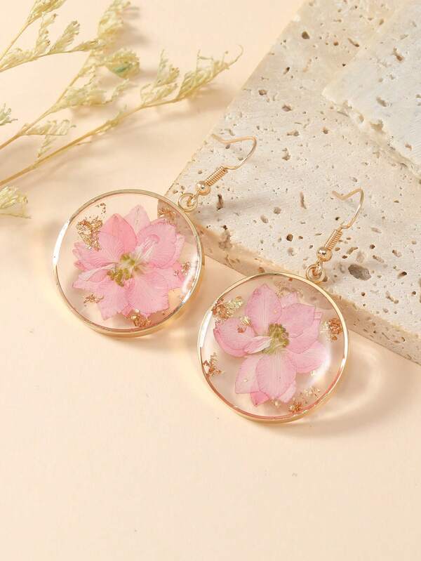 1 Pair Asymmetrical Dried Flower Earrings In Purple, Pink, Blue - Boho Style Copper Earrings Suitable For Daily Wear