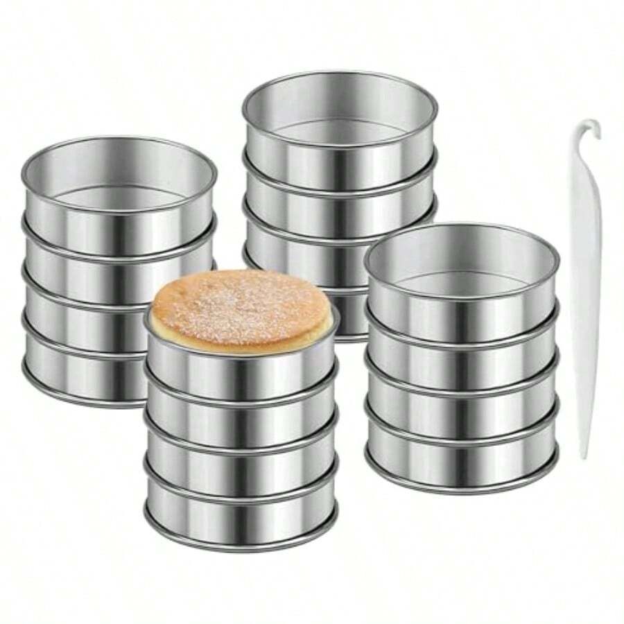 English Muffins Mold Cooyeah 16 Pieces Stainless Steel Double Rolled Rings 3.15 Inch Crumpet Rings Circular Round Muffin Tart Ring Molds for Home Food Baking + 1 Piece Cake Mold Knife - como en la foto - Ver 1