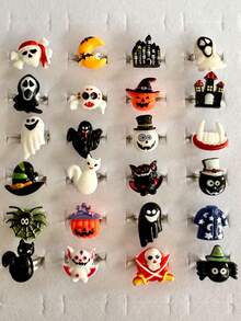 24 szt./pudełko, 24 szt. w kształcie serca, 24 szt. luzem, 12 szt. luzem zestaw pierścionków dekoracyjnych na Halloween, lampion z dyni, kapelusz czarownicy, duchy i inne dekoracje z żywicy, delikatna biżuteria na palec "cukierek albo psikus"