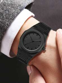 1Pc Men's Black Strap Fashionable Casual College Style Bar Scale Dial Quartz Watch Suitable For Daily Wear Or Holiday Gifts - Black - View 5