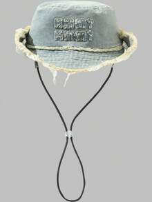 DareSee 1pc Vintage Washed Frayed Edge Embroidered English Letter Drawstring Bucket Hat, Suitable For Couples, Outdoor Sports, Traveling And Daily Use Music Fest Y2KFest Back To School Autumn Winter Gifts - Multicolor - View 3