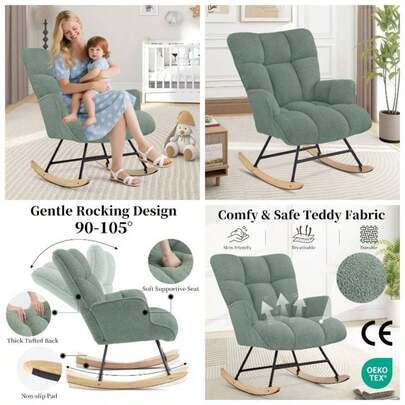 Rocking Chair Nursery, Teddy Upholstered Glider Nursing Chair Adults, Comfy Rocking Armchair Indoor Living Room Bedroom, Green