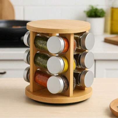 Un portaspezie multifunzionale con fondo in legno di bambù da cucina, un nuovo portaspezie girevole per la casa, un portaspezie in bambù quadrato e ro