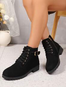 Lace-Up Side Zipper Casual Decorative Buckle Design Versatile Ankle Boots - Black - View 2