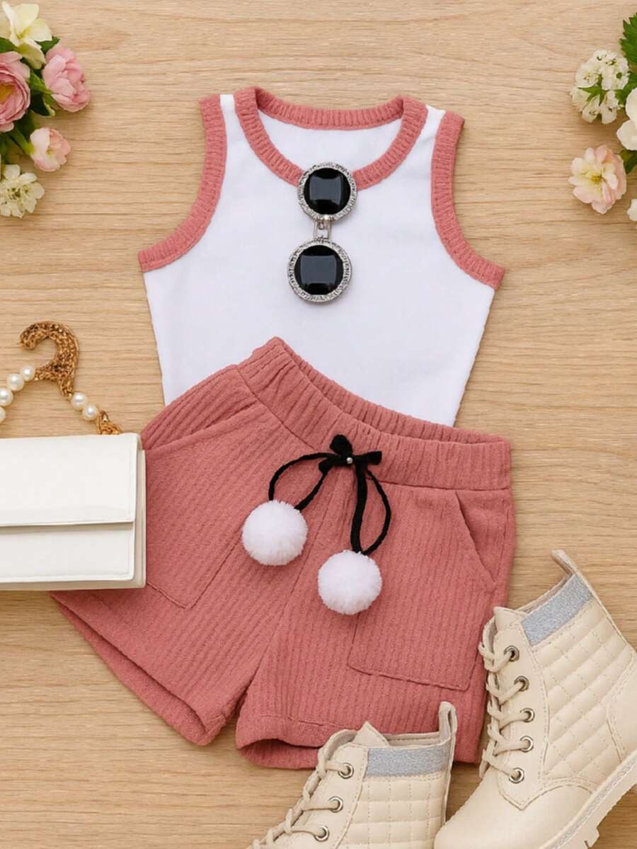 Girls' And Teen's 2-Piece Set: Cropped Tank Top And Shorts With Pompom Detail, Ribbed Knit, Super Delicate, Spring/Summer Fashion CJI034 - Rusty Rose - View 1