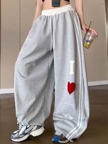 女士优雅休闲通勤百搭心形刺绣宽松抽绳喇叭裤 - 灰色 - 查看 1