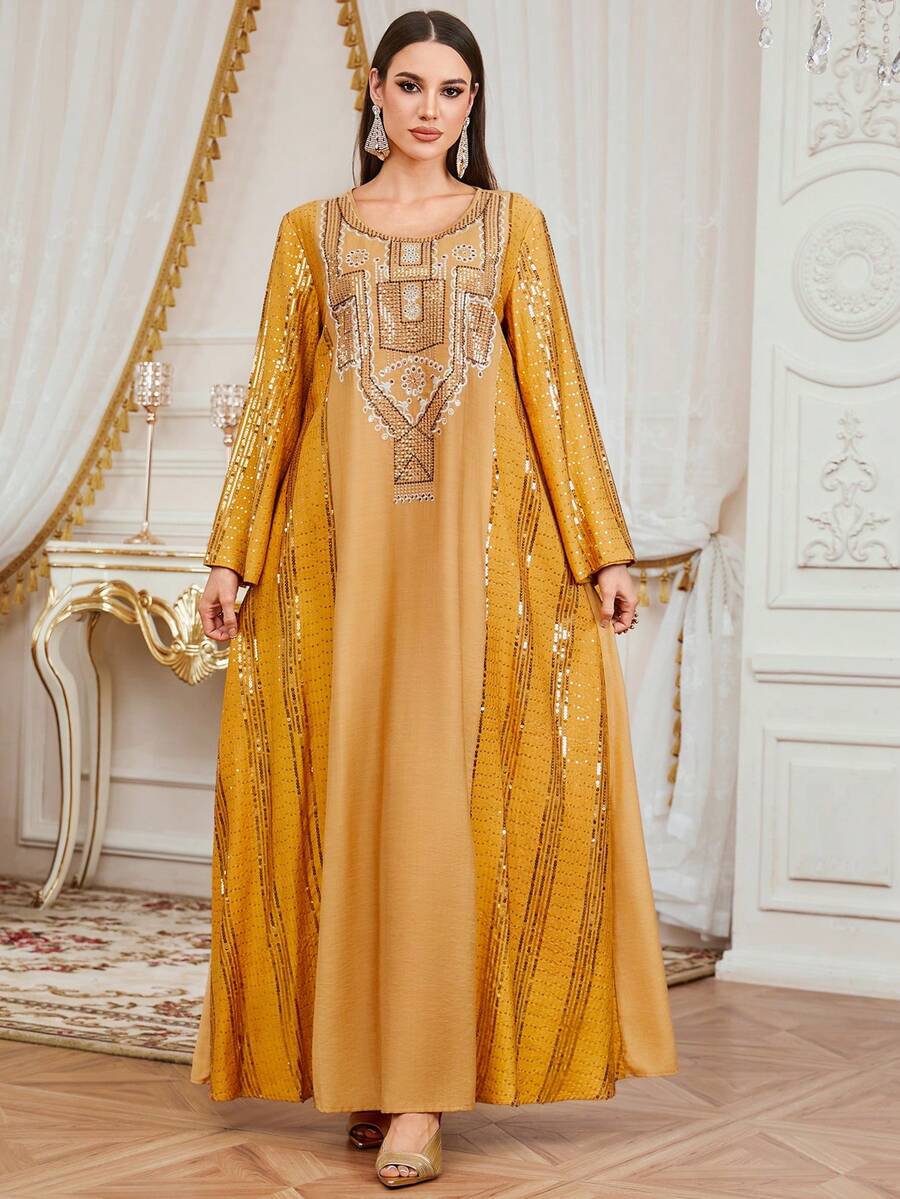 Vestido largo de bata de tela tejida para mujer, cuello redondo largo con lentejuelas brillantes y decoración de bordado, amarillo primavera