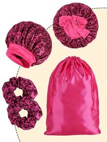 5Pcs Set Large Satin Bonnets With Scrunchies For Women, Elastic Wide Brimmed Leopard Hair Bonnet Long Elastic Tie Bonnet For Sleeping Braids Curly Hair 1PC Satin Bags 2pcs 2 PCs Scrunchies Hair Care Set Night Sleeping Travel Storage Bag Pink Brown Hot Pink Gift For Women
