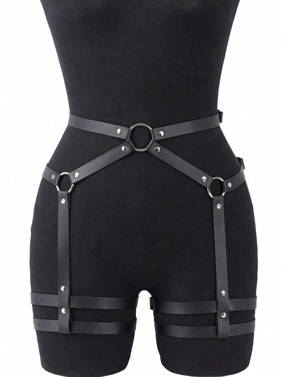 Leather Thigh Garter Belt Leg Harness Y2K Leg Garters For Thigh Valentine's Day Gift Women's Body Shaping Accessories - 黑色 - 查看 1