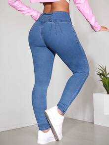 女式交叉带高腰修身休闲牛仔裤 - 淺色水洗藍 - 查看 6