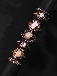 7pcs/Set Vintage Unique Luxurious Old Money Style Exquisite Bohemian Antique Gold Colored Gemstone Ring Set, For Women Daily Wear, Festivals & Parties