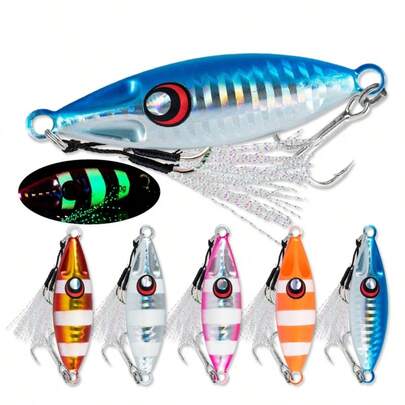 5 件 10-60 克金属慢速跳汰机 - 重型下沉式抛投诱饵 | 5 色 3D 眼夜光跳汰机 | 4-7.2 厘米人造硬饵，带辅助钩和三叉钩
