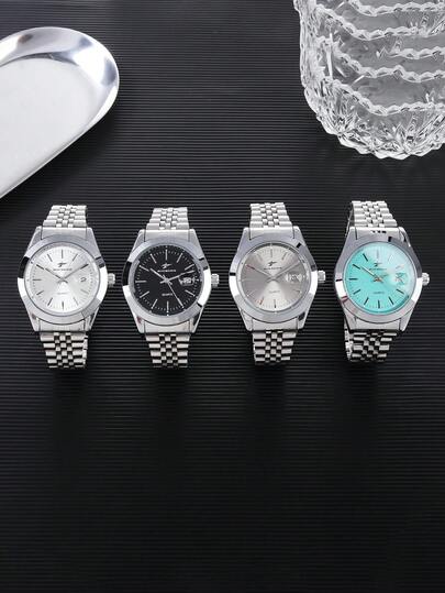 RICECGO 1 PC Classic High-End Men's Quartz Watch, Silver Watch, Stainless Steel Strap, Featuring A Calendar Display, Luxurious And Fashionable, Perfect For Holiday Gifts And Daily Wear.