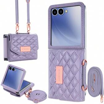 VIETAO 时尚斜挎卡槽皮革手机包保护壳适用于三星 Galaxy Flip 3 4 5 6 7 挂绳钱包式手机保护套