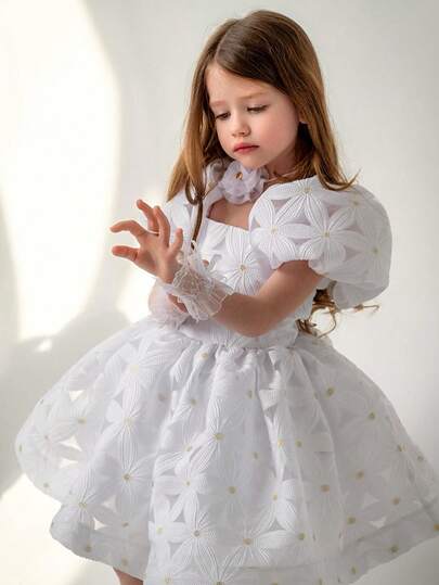 Young Girl Puff Sleeve Fluffy Mesh Party Dress, Suitable For Baby Birthday Party, Banquet, Prom, Important Events, Holiday, Flower Girl Wedding Dress