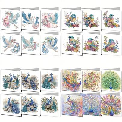 6pcs/Set Diamond Painting Art Card DIY Kit, Cute Bird, Colorful Peacock Mosaic Crystal Painting Greeting Card Set, Write Wishes, Suitable For Holiday Gifts And Expressing Sentiments