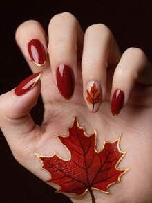 24 piezas de uñas postizas con forma ovalada, diseño de hoja de arce francesa de color rojo vino otoñal, set de calcomanías para uñas, kit de uñas falsas, uñas rojas, adecuadas para citas, reuniones, fiestas, regalos de Año Nuevo y otras ocasiones, ¡realzando tu encanto!