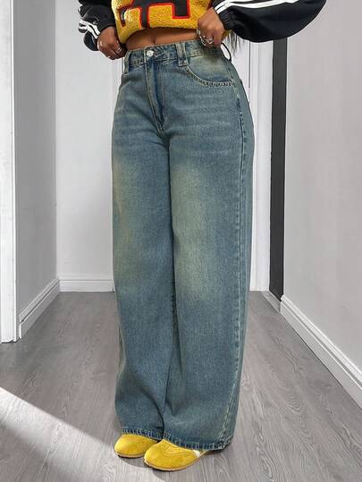 Women's Front Button Pocket Simple Wide Leg Casual Jeans