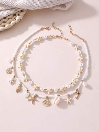 1/2pcs Fashionable Bohemian Beach Shell & Starfish Series Beaded Necklace, Accessory For Girls Daily & Holiday