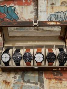 6pcs Minimalist Casual Men's Quartz Leather Watch Set, Suitable For Various Holiday Gifts - Multicolor - View 6