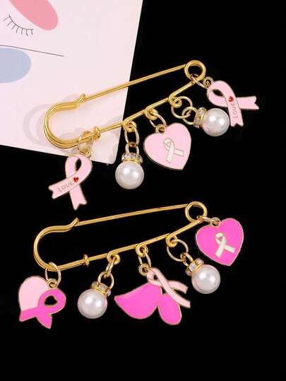 1 pieza Broche de aleación con perla blanca y lazo rosa, broche colgante con cinta rosa en forma de mariposa y corazón para concientizar sobre el cáncer de mama