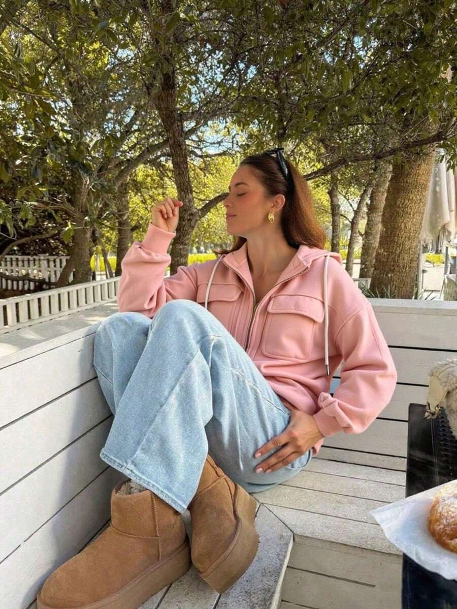 Moletom com Capuz e Bolsos com Zíper na Cor Sólida para Mulheres, Casual, Escola, Rua, Esportes