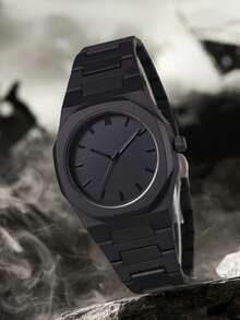 1Pc Men's Black Strap Fashionable Casual College Style Bar Scale Dial Quartz Watch Suitable For Daily Wear Or Holiday Gifts - Black - View 2