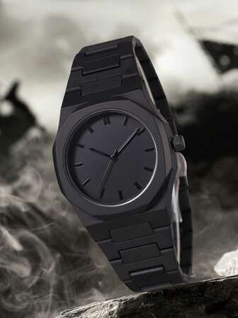 1 件男士黑色表带时尚休闲学院风条形刻度表盘石英表适合日常佩戴或节日礼物