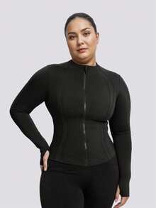 Women's Plus Size Sports Jacket, Solid Color Front Zipper Sports Jacket, Long Sleeve Casual Lightweight Jacket, Women's Casual Sports Lightweight Cardigan Jacket, Autumn/Winter - Black - View 4