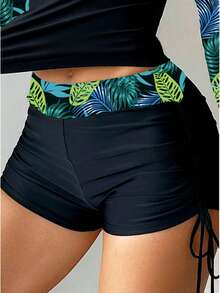 Conjunto De Traje De Baño De Manga Larga Y Pantalones Cortos Con Estampado Tropical Para Mujeres - Verde - Ver 4