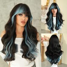 7JHH WIGS Long Wave Black & Blue Highlight Wigs For Women - Loose Fluffy Wavy Curly Wig With Bangs, Full Machine High Density Synthetic Heat Resistant Fiber Hair Purple Red Wigs For Daily Wear,Halloween Cosplay & Music Festival Party Use 26 Inch - 挑染藍色 - 查看 10