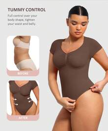 FeelinGirl Summer Women Short Sleeve Bodysuit V Neck Tummy Control Shapewear Seamless Thong Body Suits Tops - màu nâu - Xem 4