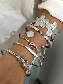6 pezzi Set di braccialetti vintage con motivi geometrici e floreali esagerati, adatti per uso quotidiano delle donne, come regalo, impilabili - Argento 4 - Visualizzare 6
