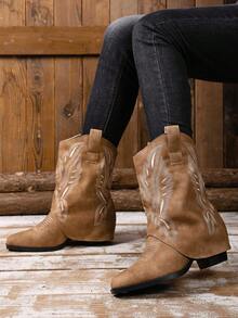 Damen Stickerei Slip-On Plateau Absatz Stiefel bis zur Mitte des Knöchels, modische einfarbige Stiefel für Herbst/Winter