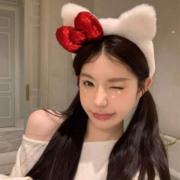 Serre-tête en peluche, serre-tête pour photo, serre-tête mignon avec nœud en sequins rouges en peluche pour femmes, accessoire d'automne/hiver, de Noël, du Nouvel An, de maquillage, bandeau cheveux, cerceau pour cheveux pour femmes