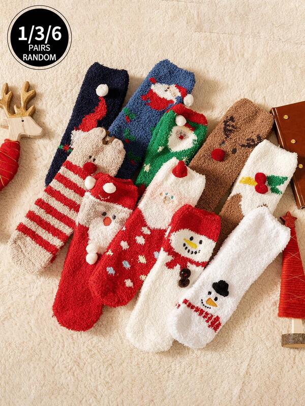 1/3/6 par losowo dostarczanych damskich, puszystych skarpetek świątecznych z motywem Świętego Mikołaja, renifera i bałwana, odpowiednich na prezenty świąteczne, ciepłych i wygodnych skarpetek do połowy łydki