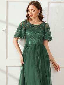 EVERPRETTY Elegant Floral Sequin Ruffle Sleeve Dress, Mesh Formal Gown Suitable For Cocktail Party, Spring/Summer Wedding Guest, Party And Valentine's Day Occasions - Olive Green - View 5