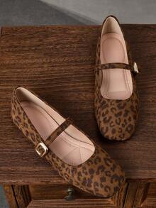 Women's Fashion Square Toe Leopard Print Slip-On Flats, Versatile Office/Casual Wear, Outdoor Activities, High-Quality Aesthetic, Mary Jane Shoes, Ballet Flats, Suitable For Party, Wedding, All Seasons - Leopard - View 1