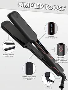 Chapinha de titânio larga de 1 peça para cabelos grossos e cacheados, chapinha de 2 polegadas com aquecimento rápido, dupla voltagem, desligamento automático, com luva e 2 presilhas