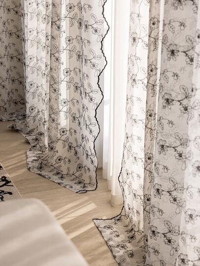 1pc Lace Sheer Curtain With Floral Embroidery, Modern Voile Window Curtain, Rod Pocket Design, Suitable For Living Room And Bedroom - Transparent And Light Filtering Curtain, Living Room Curtain, Bedroom Curtain (130g Fabric Weight)