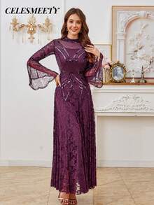 优雅紫色亮片串珠连衣裙，蕾丝长袖晚礼服，适合圣诞节、新年、感恩节、派对、婚礼、情人节等场合。 - 紫色 - 查看 5