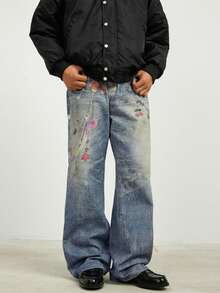 XINYINSU High Street Design amerikanischer Retro-Ketten 3D-Druck Inkjet Dreidimensionale verwaschen abgenutzt weite und bequeme Schlagjeans für Herren Halloween