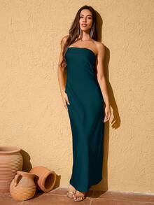LOVE&LEMONADE Women's Solid Color Minimalist Casual Tube Dress Wedding Spring - Dark Green - View 2