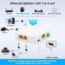 Divisor Ethernet 1 a 2 y 1 a 4, divisor de cable Ethernet de alta velocidad de 1000 Mbps, divisor de red [conecta 4 dispositivos simultáneamente], extensor de red LAN Gigabit RJ45, compatible con cables Cat8/7/6/5e/5 - 1 a 4 - Ver 4
