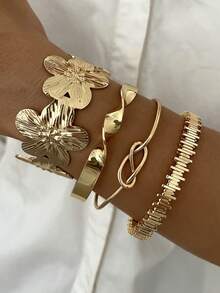 4pcs Vintage Exaggerated Floral Geometric Striped Twist Open Cuff Bracelet Set, Suitable For Women's Daily Wear, Gift, Stackable - Golden 22 - View 7