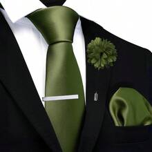 Solid Formal Tie And Pocket Square Plain Necktie Lapel Pin And Set For Men - 橄欖綠 - 查看 2